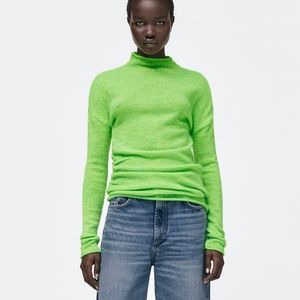 NWT Zara Neon Green Asymmetric Mock Neck Knit Sweater High Neck Top Medium